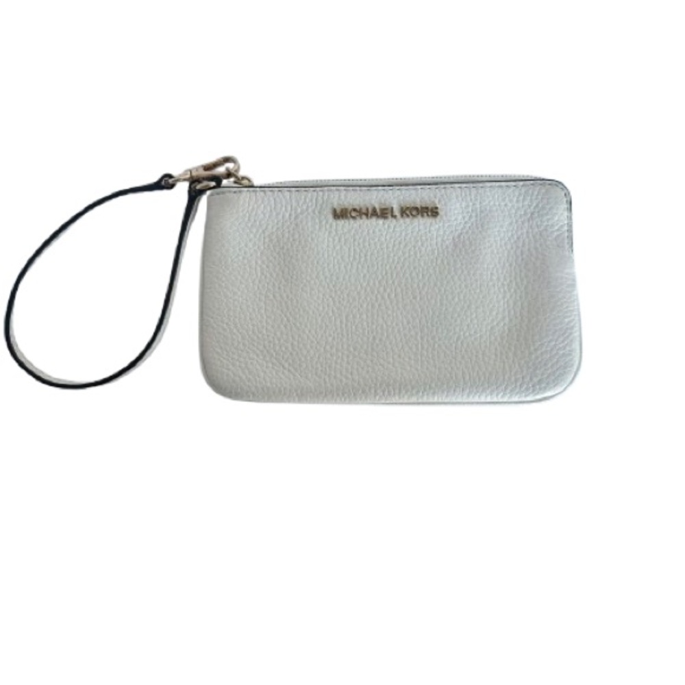Michael Kors Jet Set Travel Ivory White Cream Pebbled Leather Wristlet Gold-tone